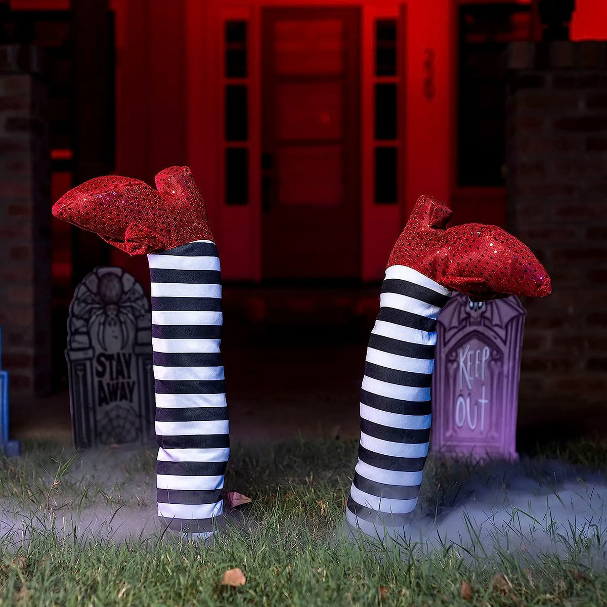 Witch Legs with Stakes - Red Shoes & Black and White Stripe (2 Pcs)