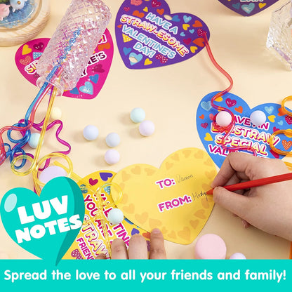 28-Pack Kids Valentine's Cards with Colorful Crazy Loop Reusable Drinking Straws - Classroom Exchange Gifts