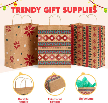 24 Pack Christmas Kraft Gift Bags with Handles for Holiday Presents