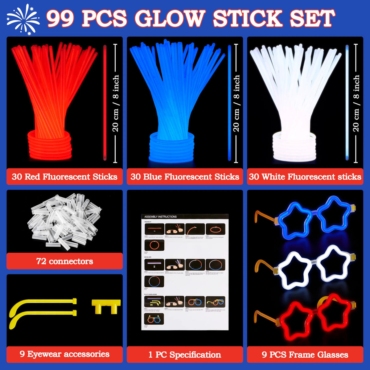 JOYIN 99 PCS Patriotic Glow Sticks, Bracelets, Necklaces & Glasses - Glow in The Dark Party Supplies for Independence Day - Blue, White, Red LED Accessories for Kids & Adults