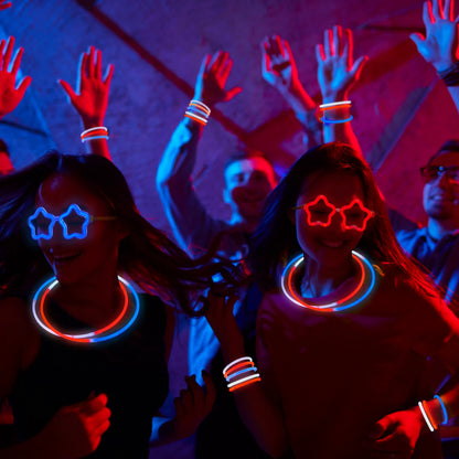 JOYIN 99 PCS Patriotic Glow Sticks, Bracelets, Necklaces & Glasses - Glow in The Dark Party Supplies for Independence Day - Blue, White, Red LED Accessories for Kids & Adults