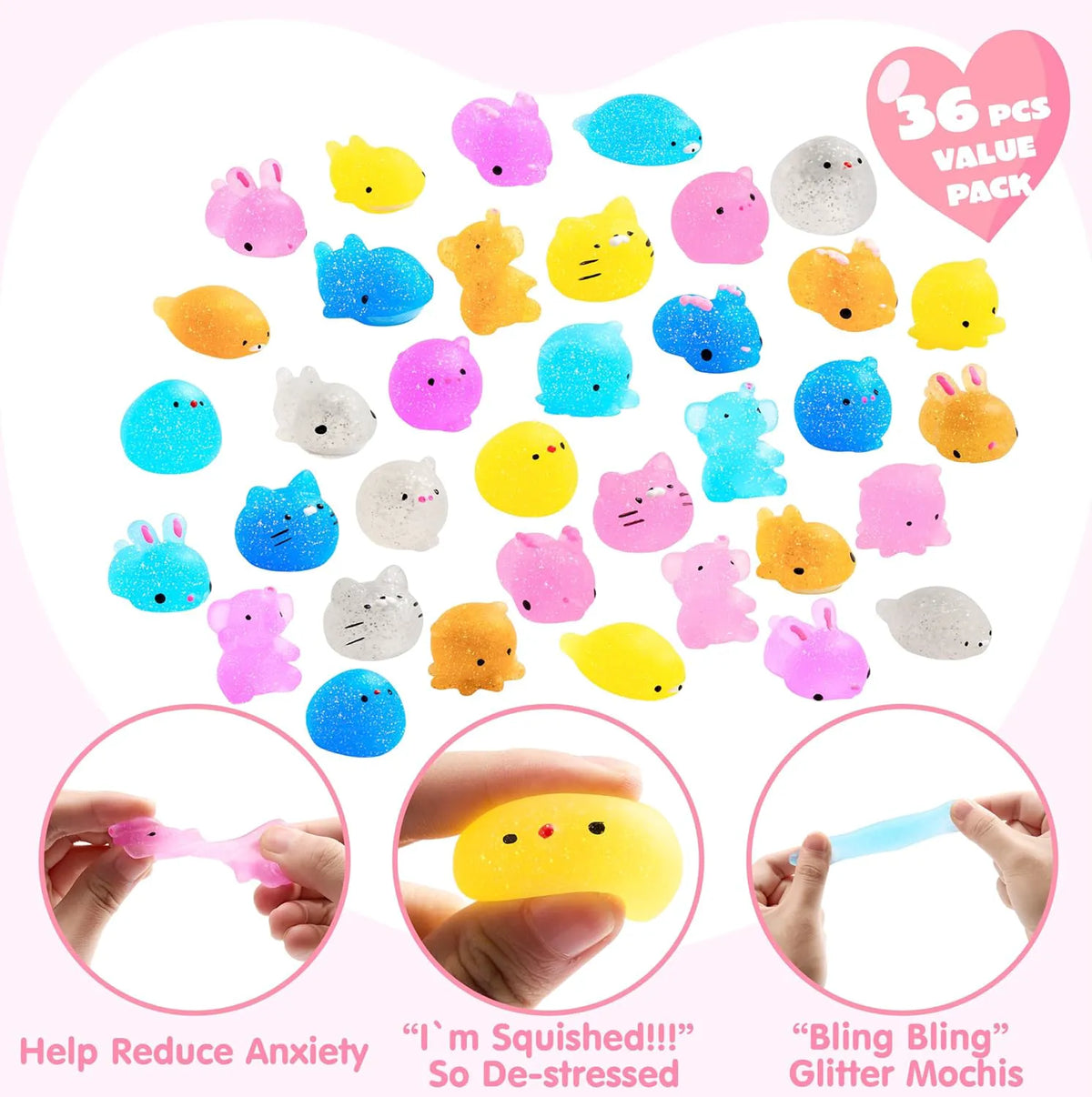 36 Packs Valentine's Day Gift Cards with Glitter Mochi Squishy Toys