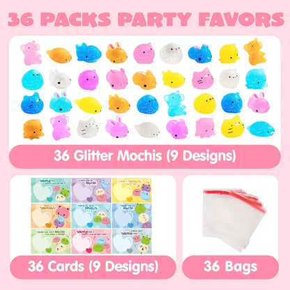 36 Packs Valentine's Day Gift Cards with Glitter Mochi Squishy Toys