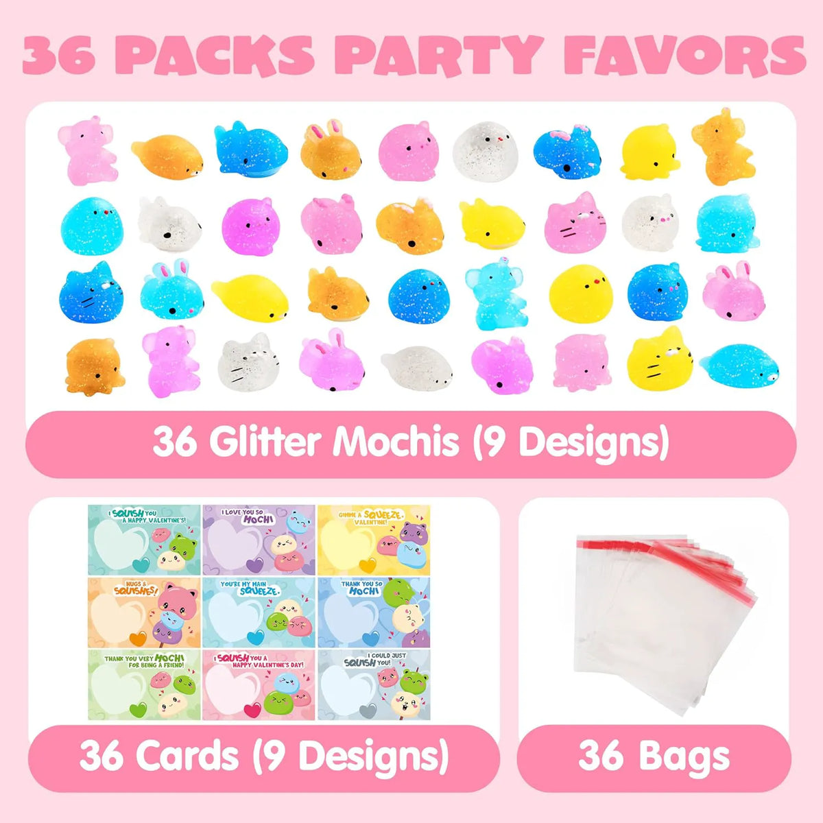 36 Packs Valentine's Day Gift Cards with Glitter Mochi Squishy Toys
