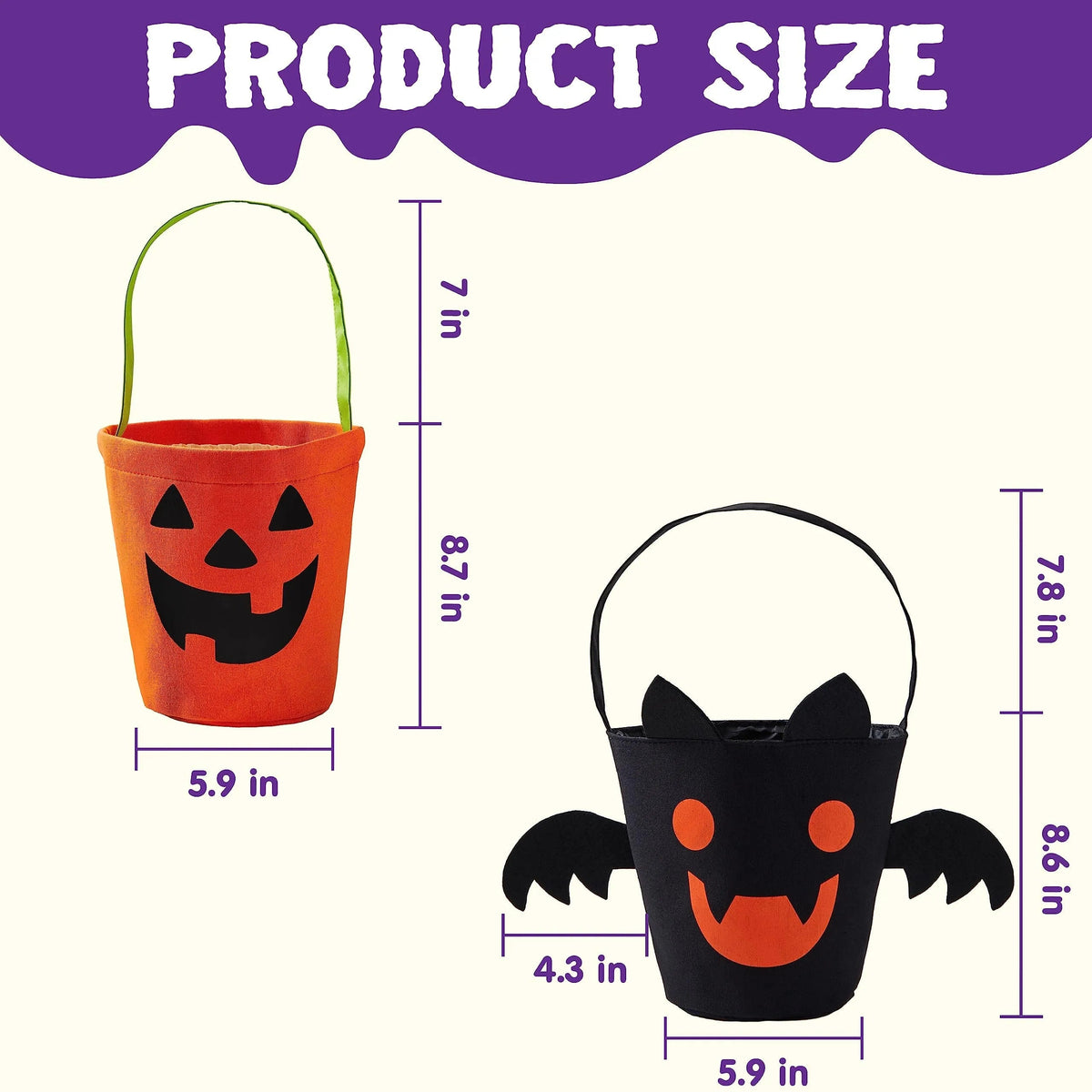 Halloween Bat & Pumpkin Candy Tote Bucket Set - Reusable Felt Trick-or-Treat Goody Bags