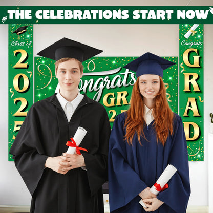 JOIN 3-Piece Graduation Decorations Class of 2025 - Green & Gold Satin Congrats Grad Banner Set for College Party Backdrop, Porch Hanging Supplies Indoor Outdoor
