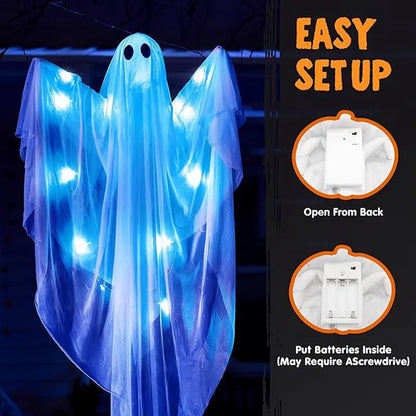 2 Pack 35.4" Halloween Hanging Ghost with Blue LED Lights