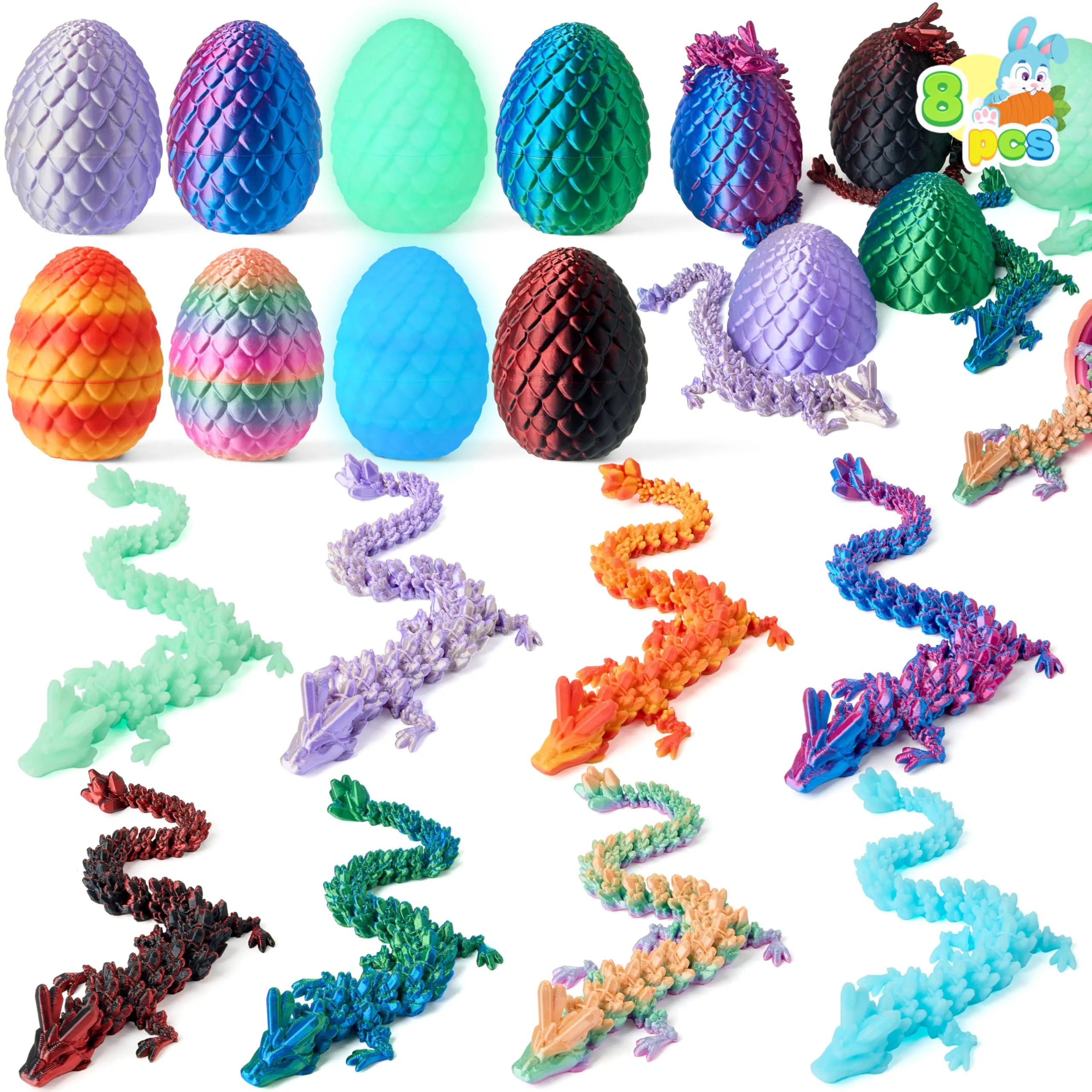 8 Pack 3D Printed Articulated Dragon Eggs with Colorful Dragons, Easter Party Favors for Kids