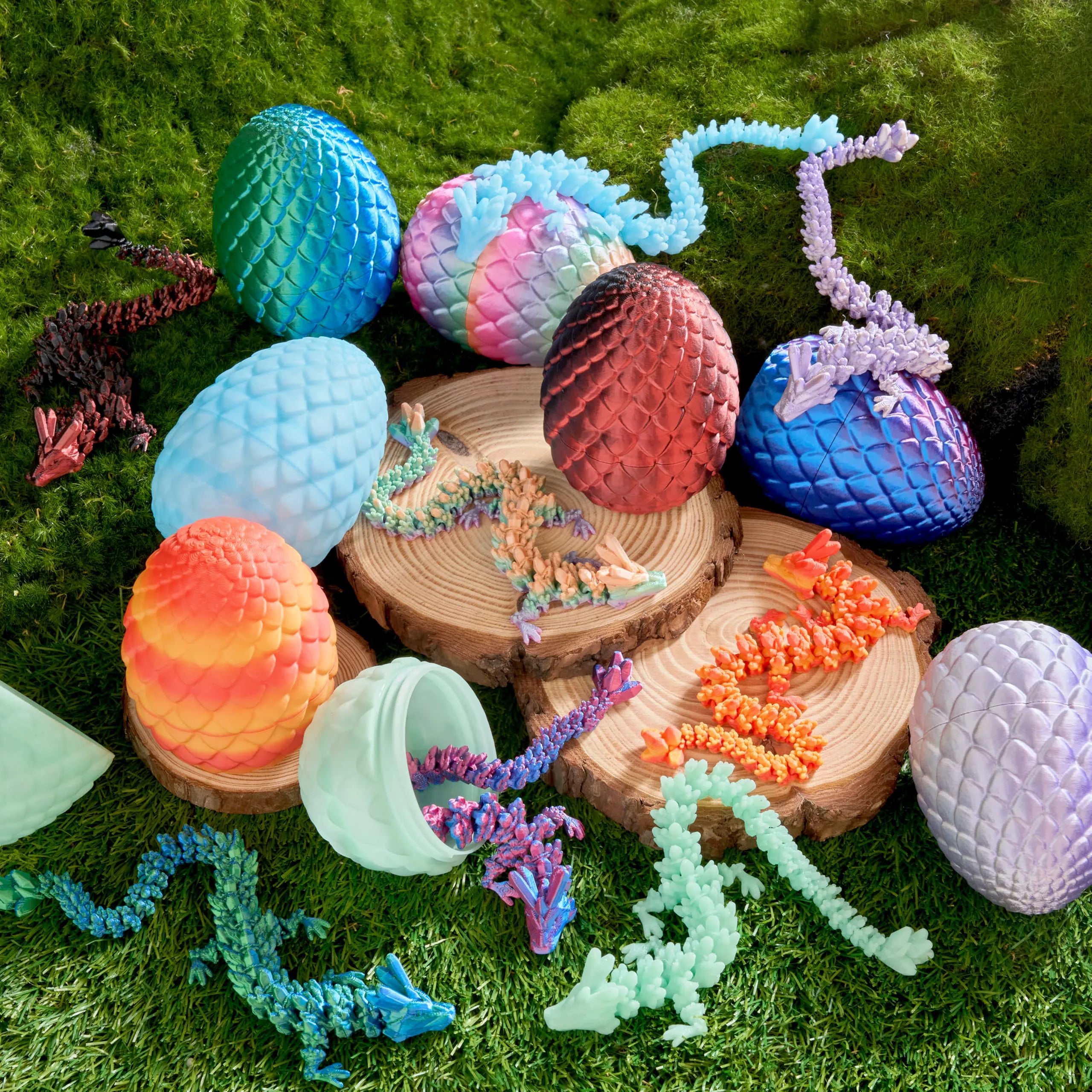 8 Pack 3D Printed Articulated Dragon Eggs with Colorful Dragons, Easter Party Favors for Kids