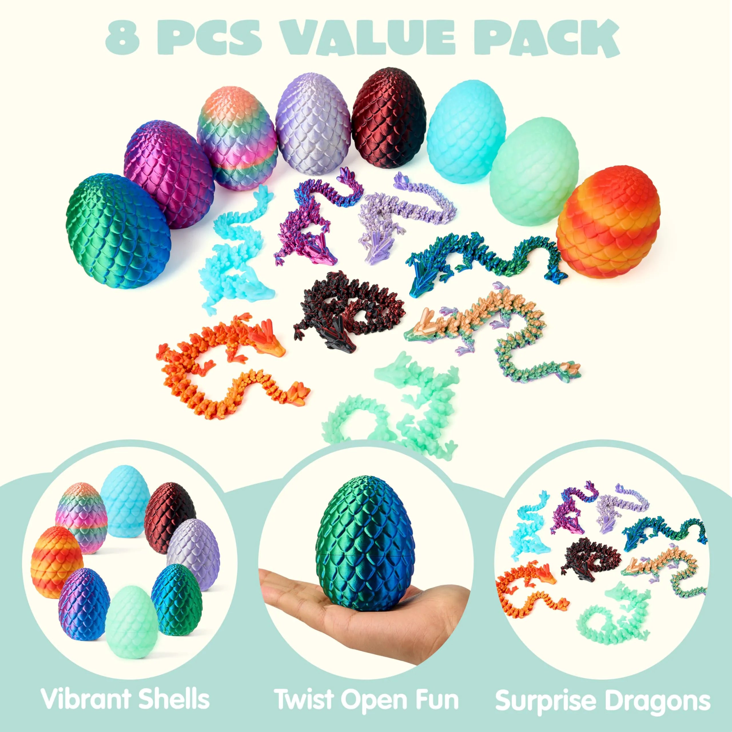 8 Pack 3D Printed Articulated Dragon Eggs with Colorful Dragons, Easter Party Favors for Kids