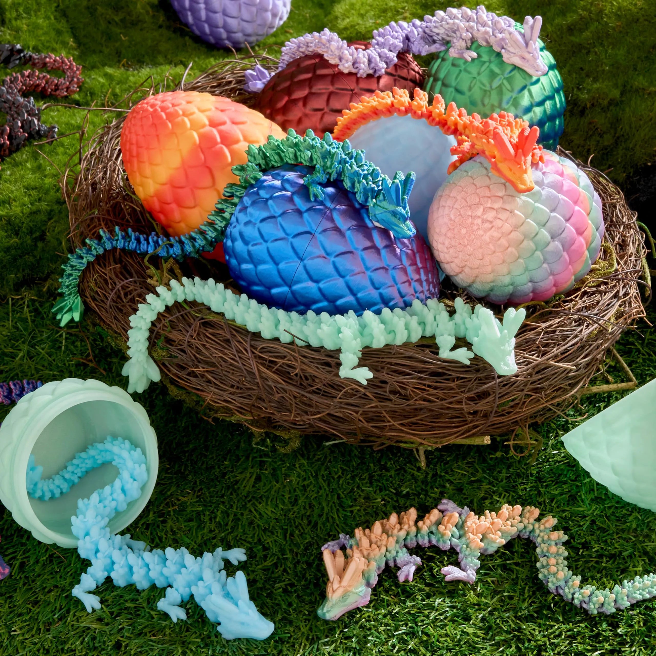 8 Pack 3D Printed Articulated Dragon Eggs with Colorful Dragons, Easter Party Favors for Kids