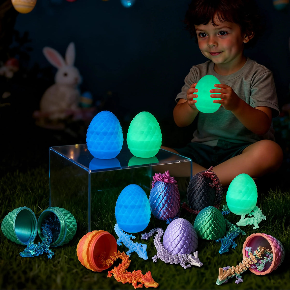 8 Pack 3D Printed Articulated Dragon Eggs with Colorful Dragons, Easter Party Favors for Kids