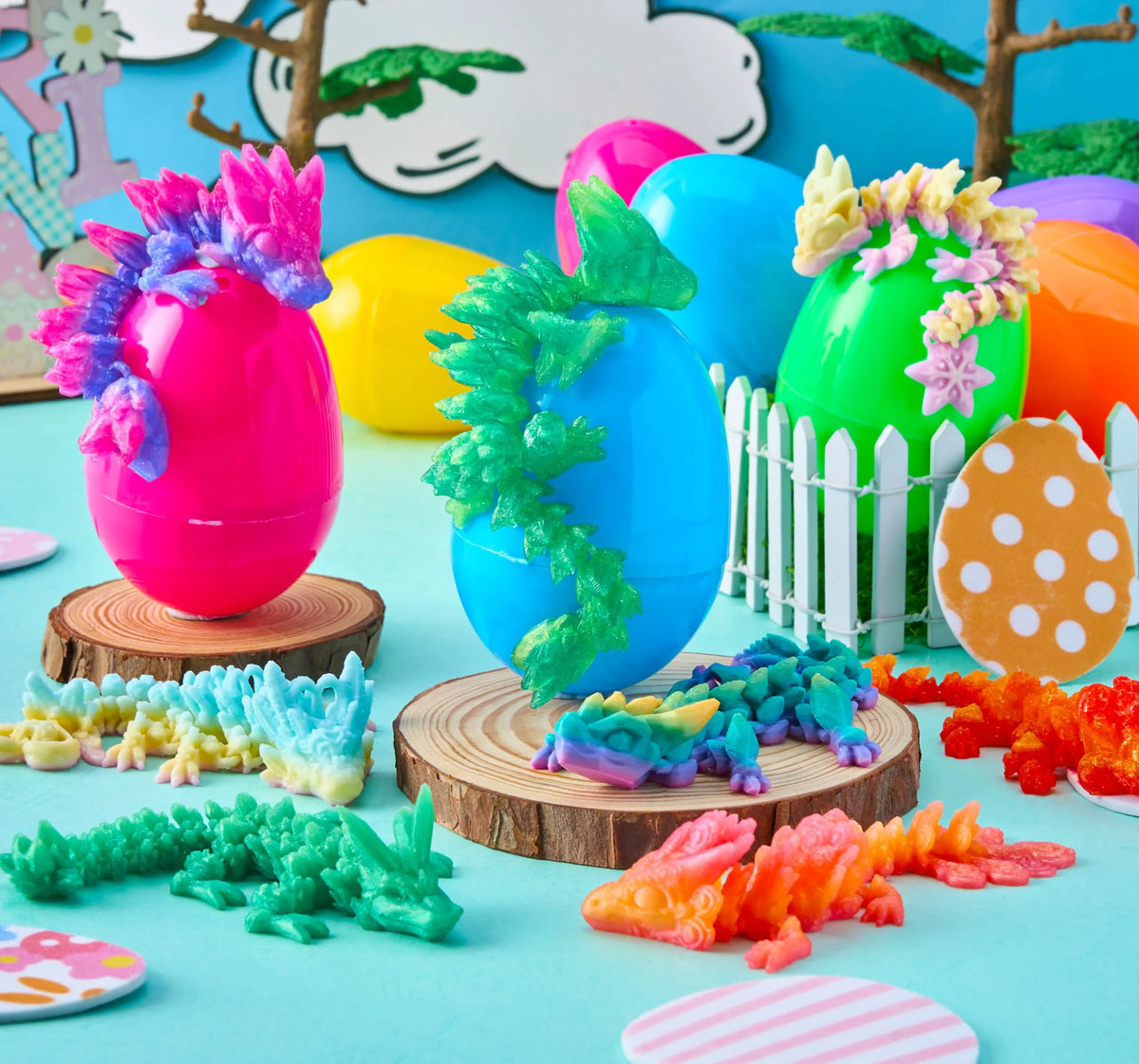 8 Prefilled Easter Eggs with 3D Articulated Dragon Fidget Toys, Easter Party Favors for Kids