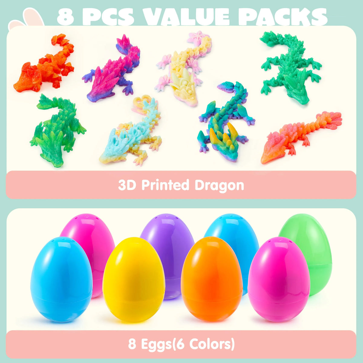 8 Prefilled Easter Eggs with 3D Articulated Dragon Fidget Toys, Easter Party Favors for Kids