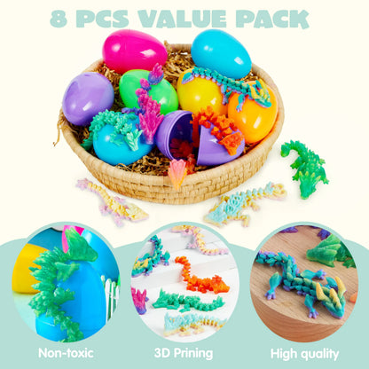 8 Prefilled Easter Eggs with 3D Articulated Dragon Fidget Toys, Easter Party Favors for Kids