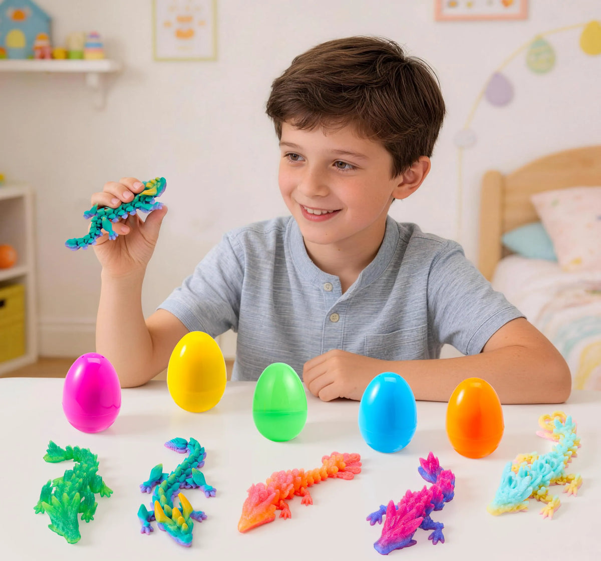 8 Prefilled Easter Eggs with 3D Articulated Dragon Fidget Toys, Easter Party Favors for Kids