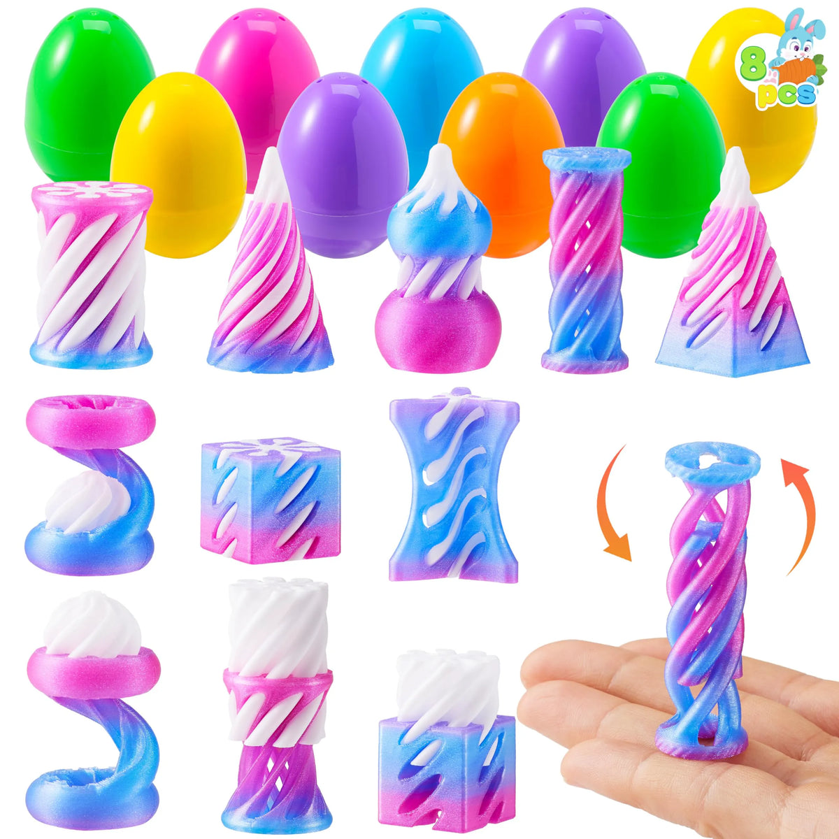 8 Prefilled Easter Eggs with 3D Printed Impossible Cone Fidget Toys, Easter Party Favors for Kids