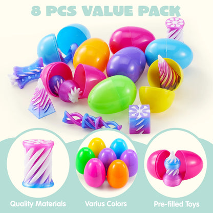 8 Prefilled Easter Eggs with 3D Printed Impossible Cone Fidget Toys, Easter Party Favors for Kids