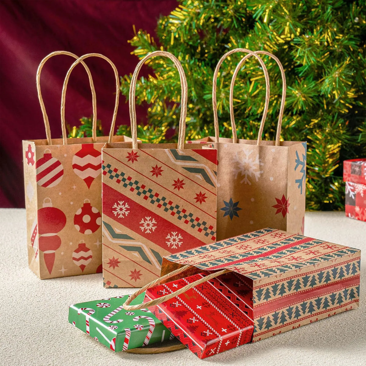 24 Pack Christmas Kraft Gift Bags with Handles