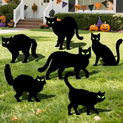 6 Halloween Black Cat Yard Signs with Glow-in-the-Dark Eyes