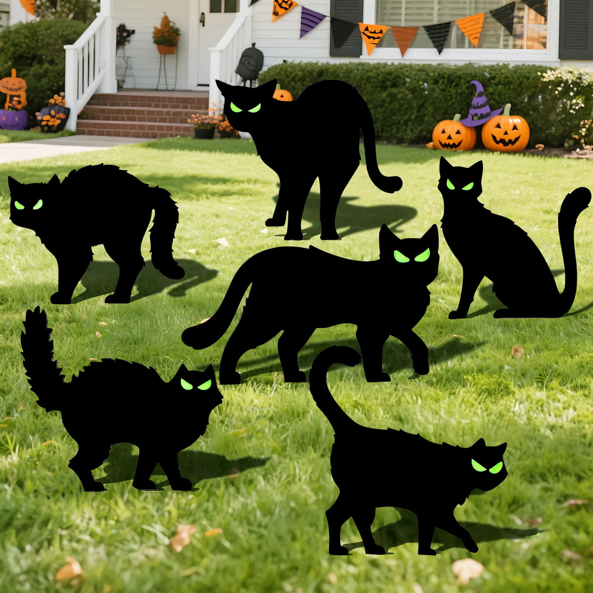 6 Halloween Black Cat Yard Signs with Glow-in-the-Dark Eyes