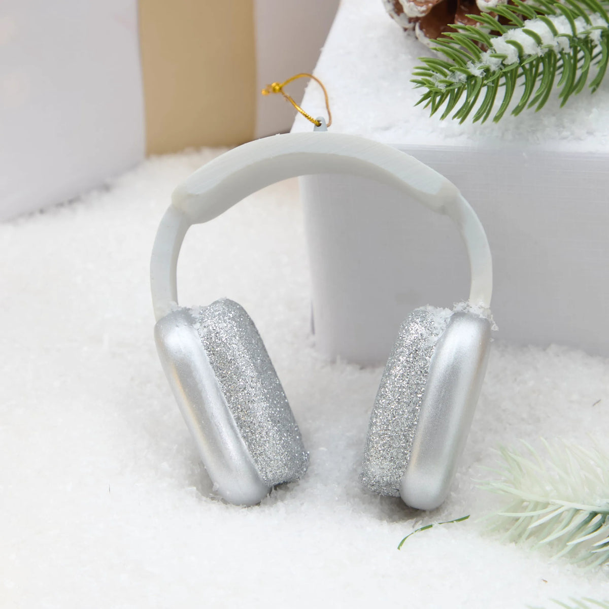 Mini Christmas Headphone Ornament in Silver and White