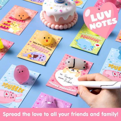 28 Glitter Mochi Squishy Toys with Valentine's Cards for Classroom Exchange