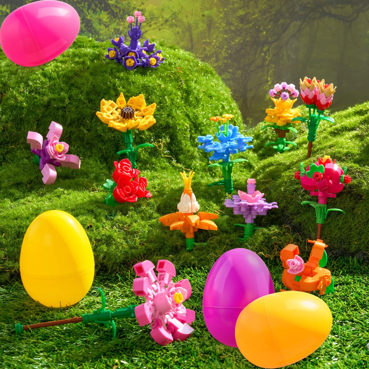 12 Prefilled Easter Eggs with Flower Building Blocks for Kids Egg Hunt