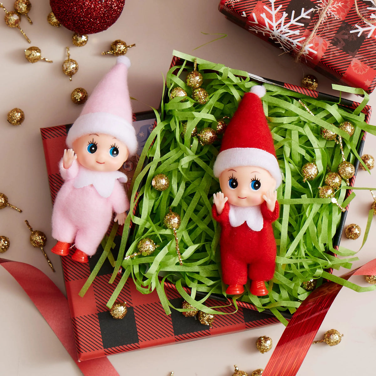 2 Pack Christmas Elf Plush Dolls, Red and Pink
