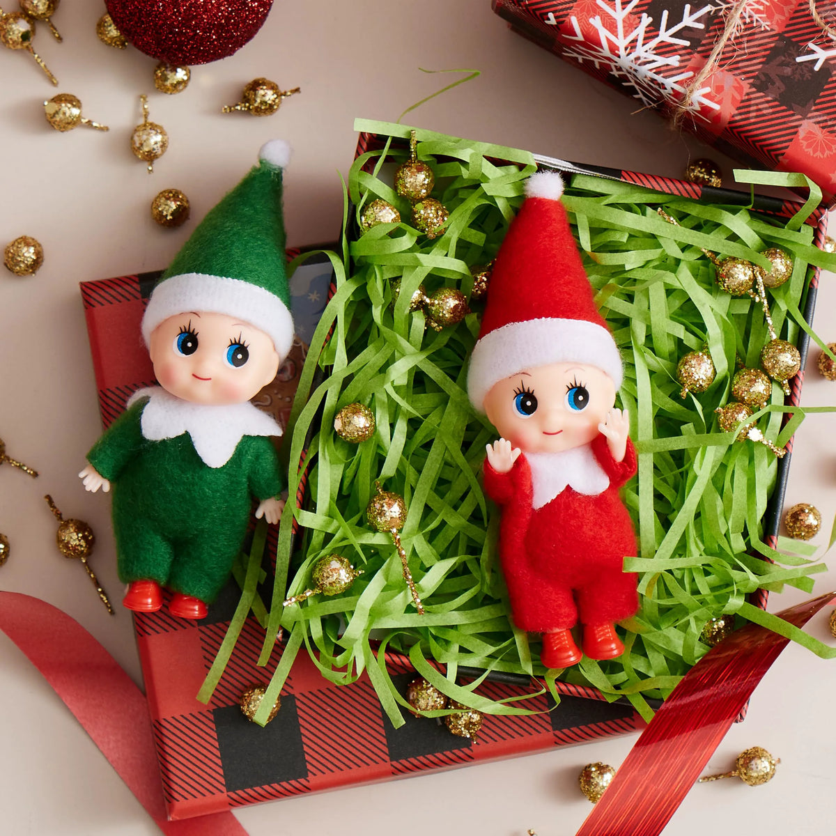 2 Pack Christmas Elf Plush Dolls, Red and Green