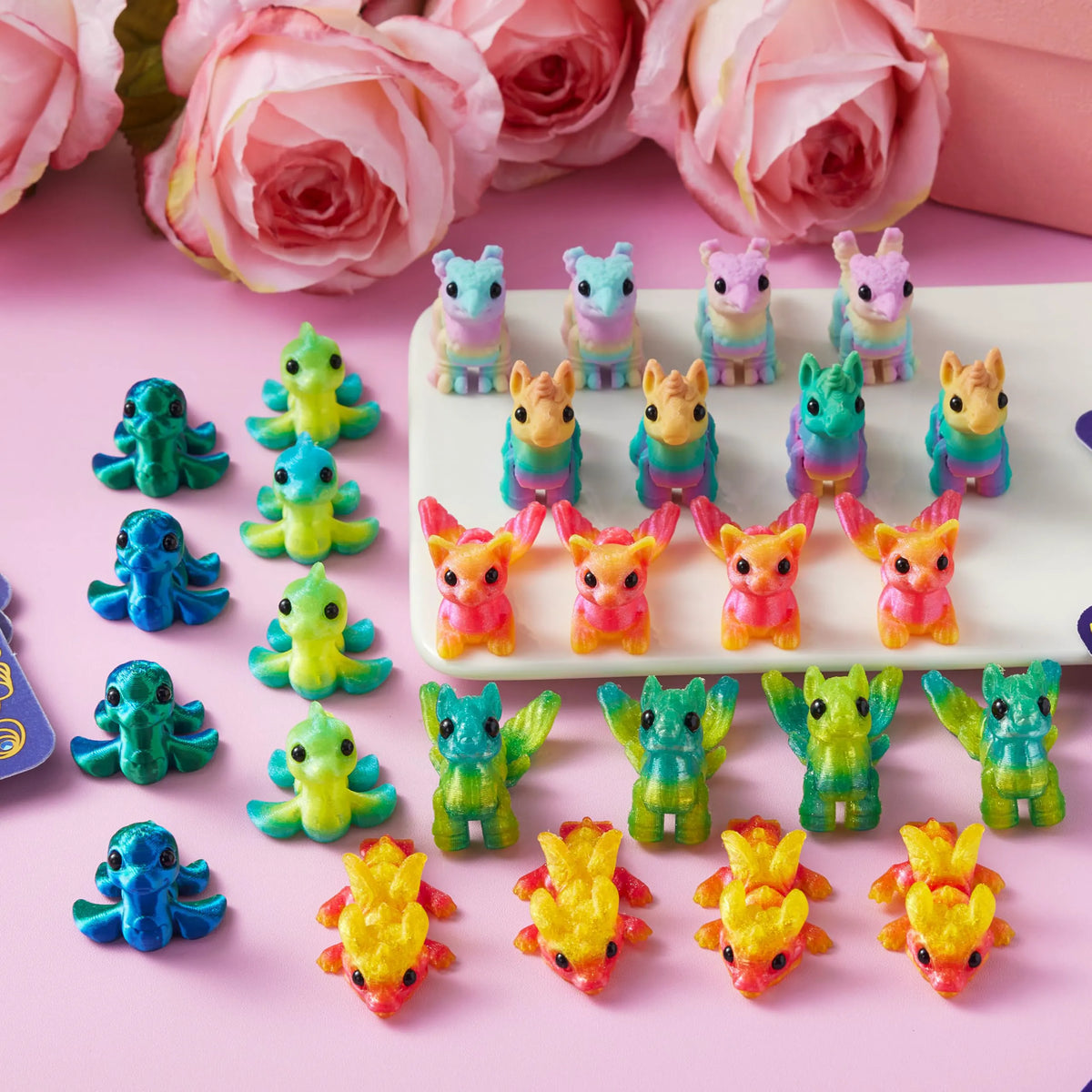 28 Pcs Kids Valentine's Day Cards with 3D Printed Mythical Creatures Toys