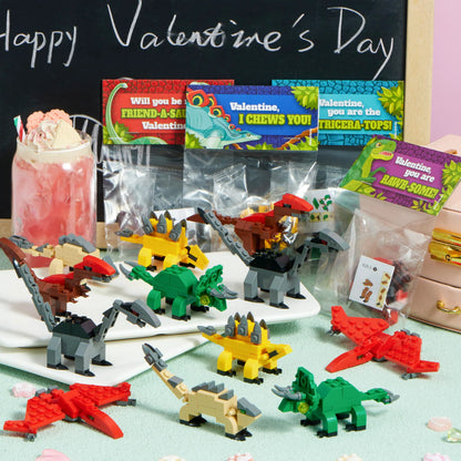24 Pack Valentine's Day Cards with Dinosaur Building Blocks for Gifts and Party Favors
