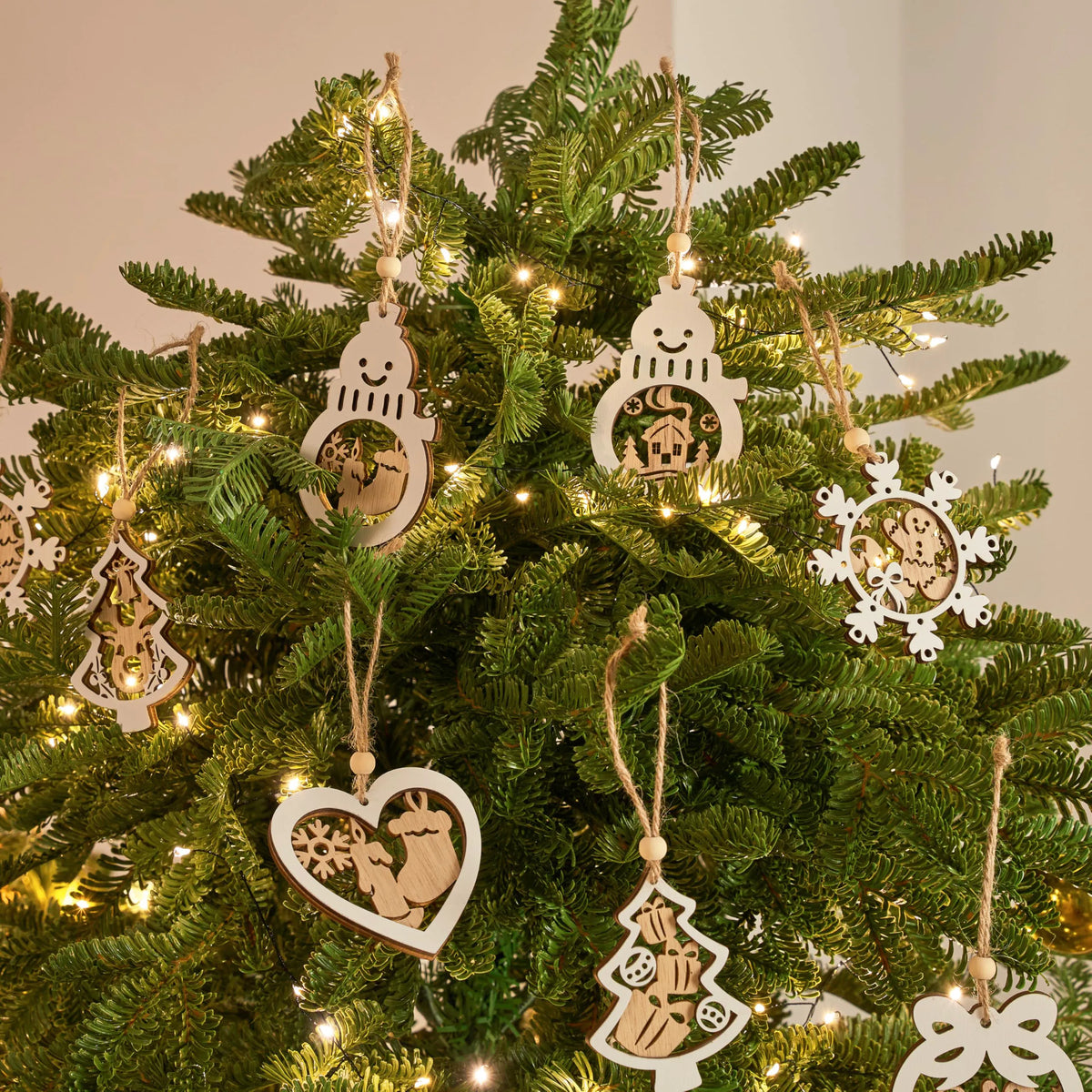24-Piece Set of Wooden Carved Christmas Hanging Ornaments for Holiday Decor
