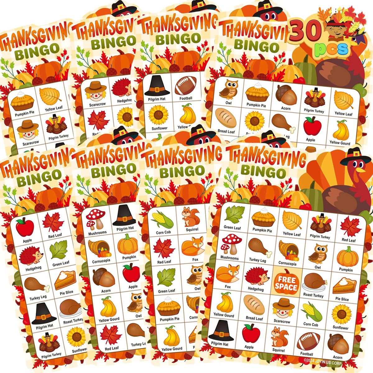 30 PCS Thanksgiving Bingo Cards for Kids and Family Activities