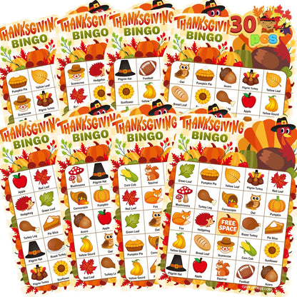 30 PCS Thanksgiving Bingo Cards for Kids and Family Activities