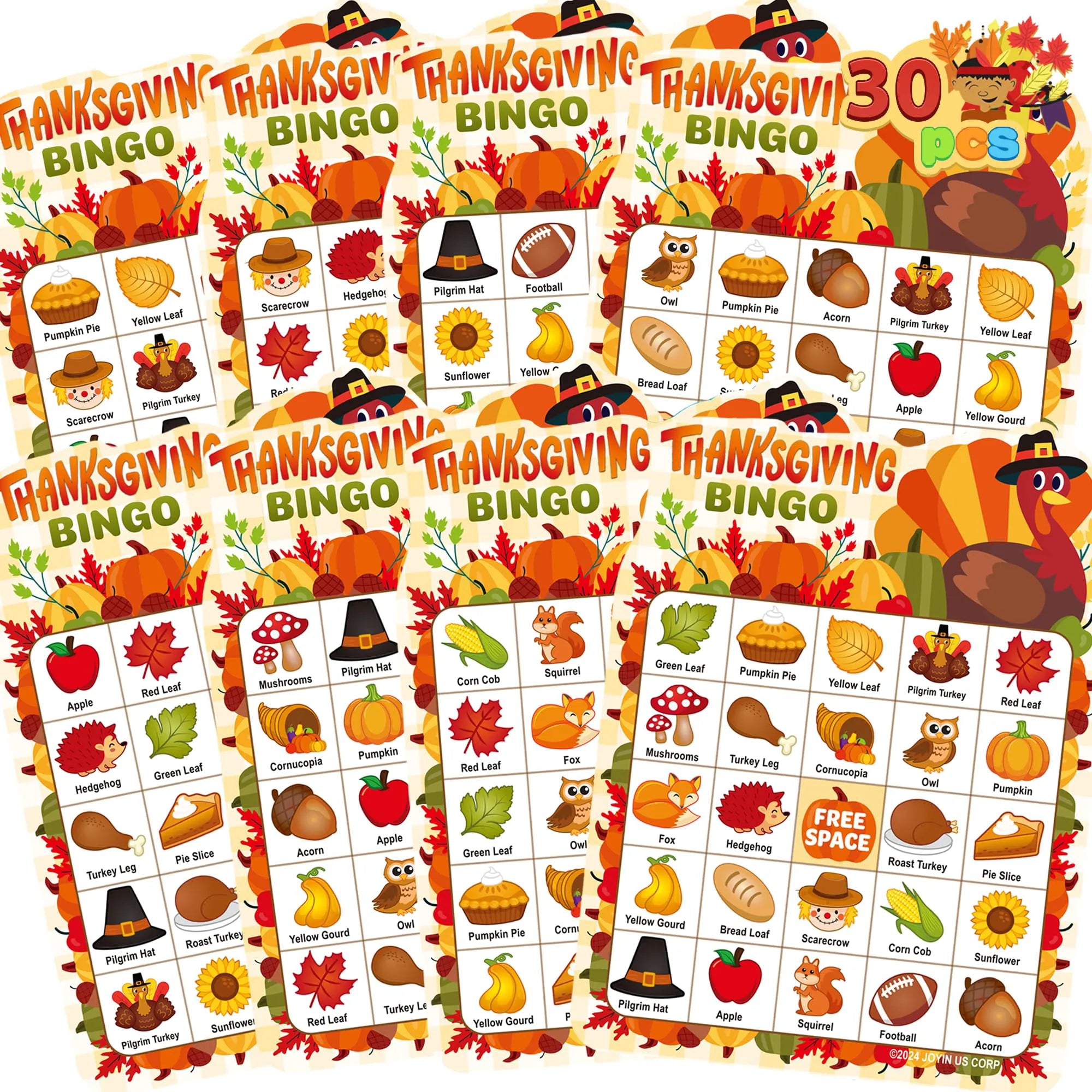 30 PCS Thanksgiving Bingo Cards for Kids and Family Activities