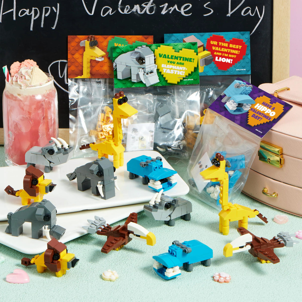 24 Pack Valentine's Day Cards with Safari Animal Building Blocks for Gifts and Party Favors