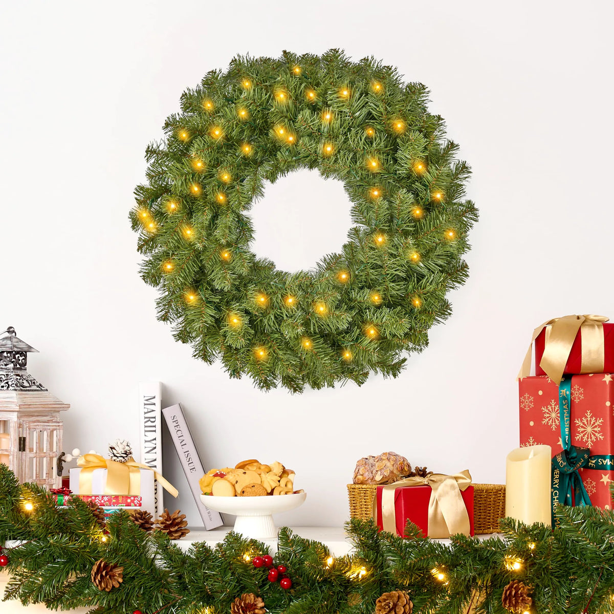 24-Inch Pre-Lit Christmas Wreath with Warm Lights