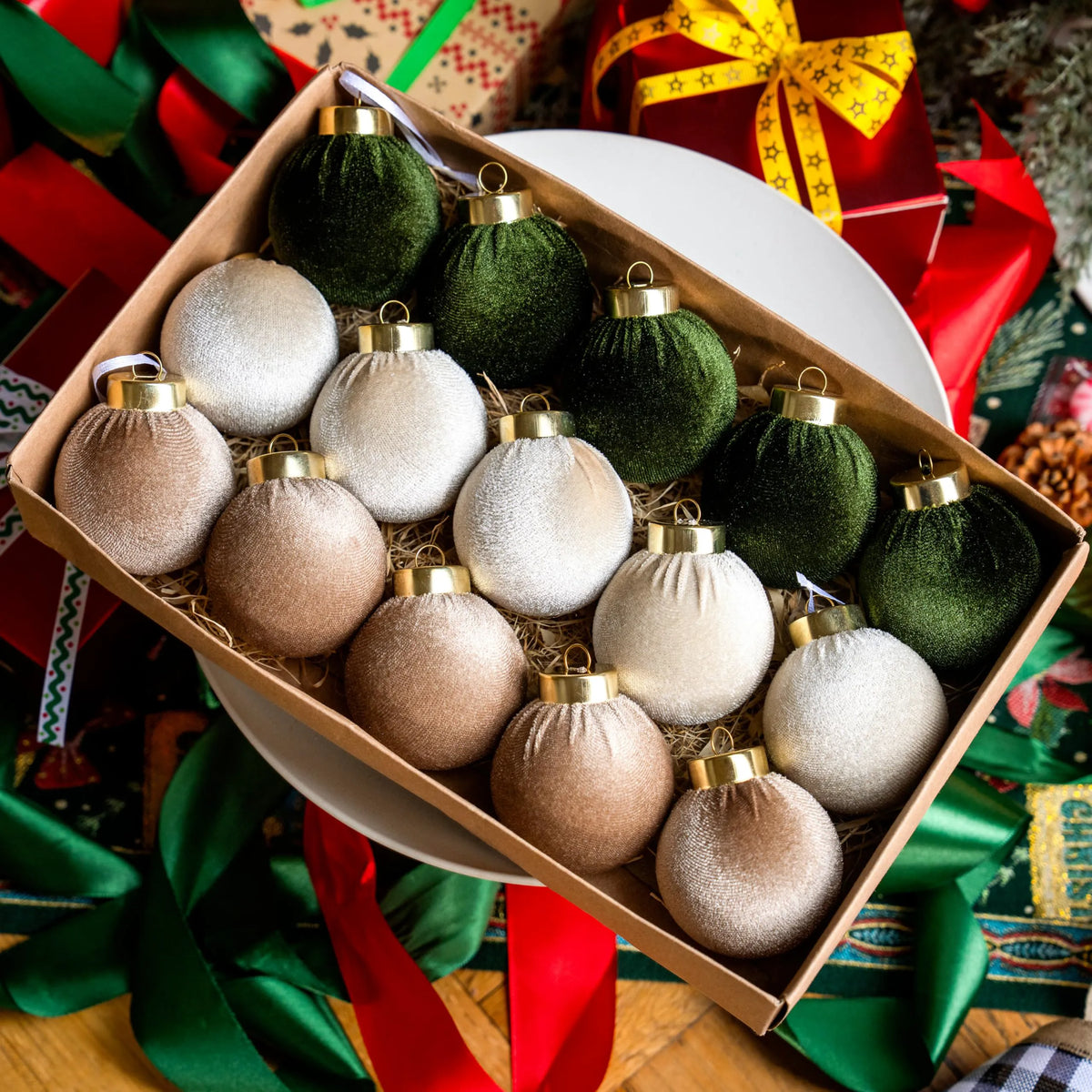 15-Piece Christmas Velvet Ball Ornament Set, 2.36-Inch Green Brown Neutral