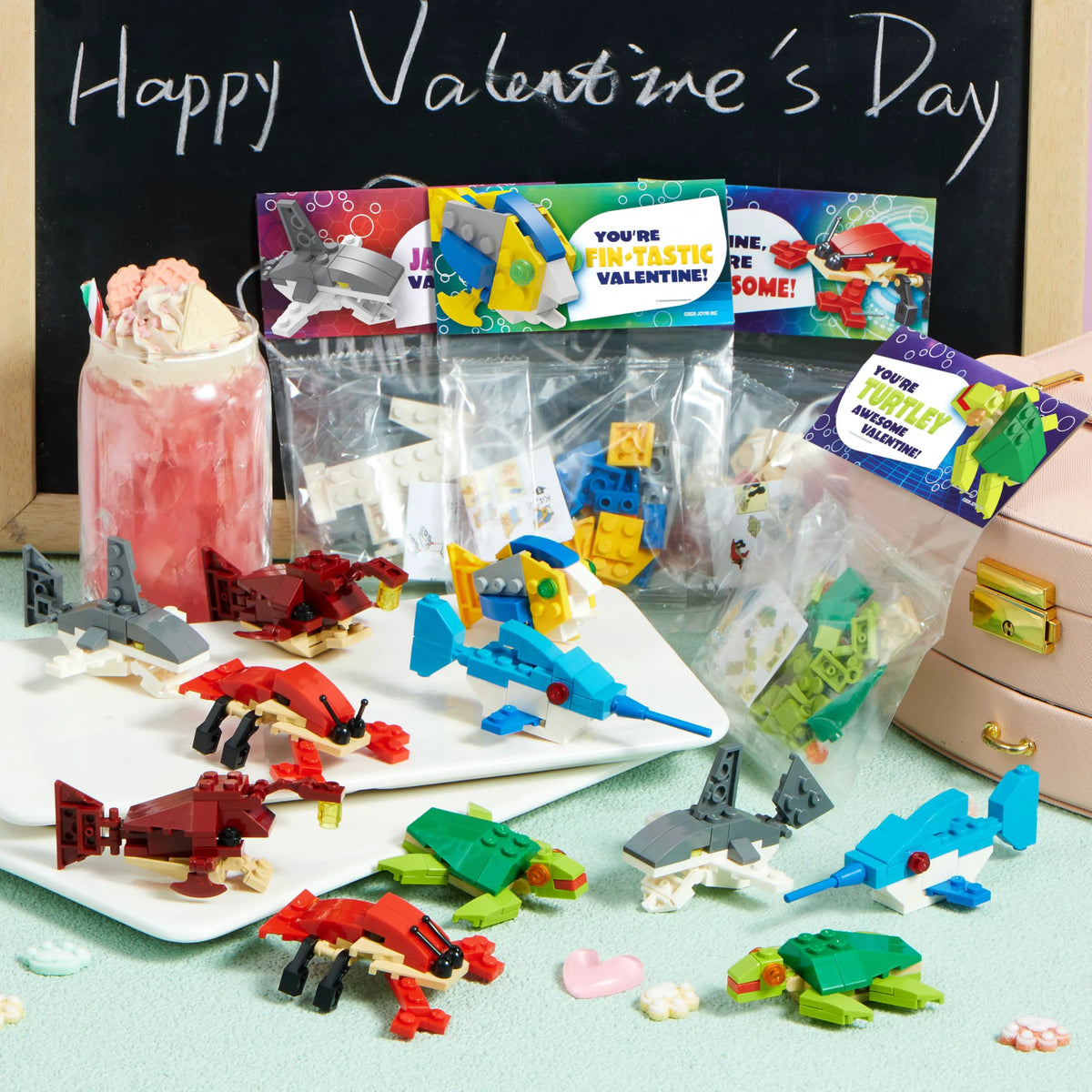 24 Pack Valentine's Day Cards with Sea Animal Building Blocks for Gifts and Party Favors