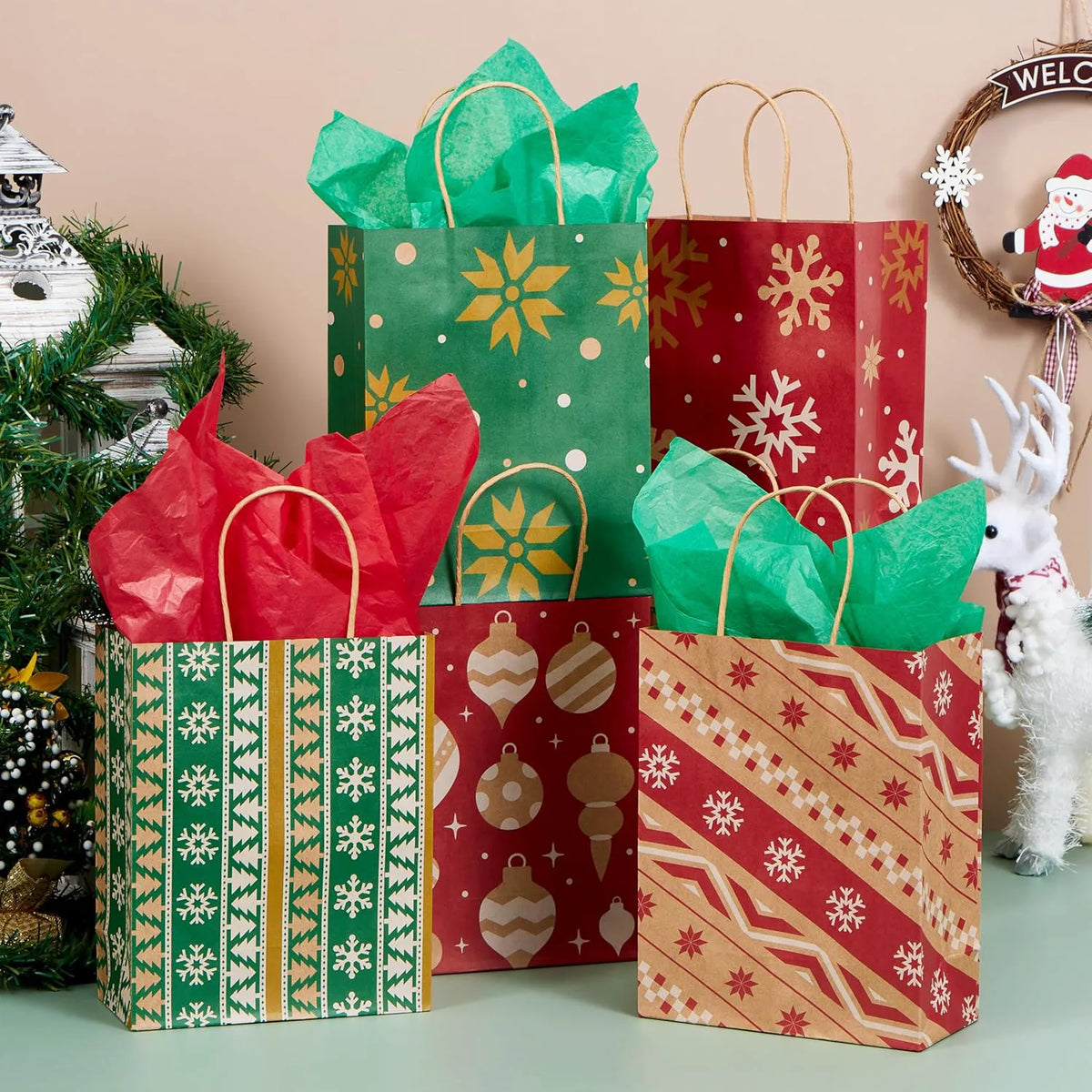 24 Pack Christmas Kraft Paper Gift Bags with Handles for Holiday Wrapping and Party Favors