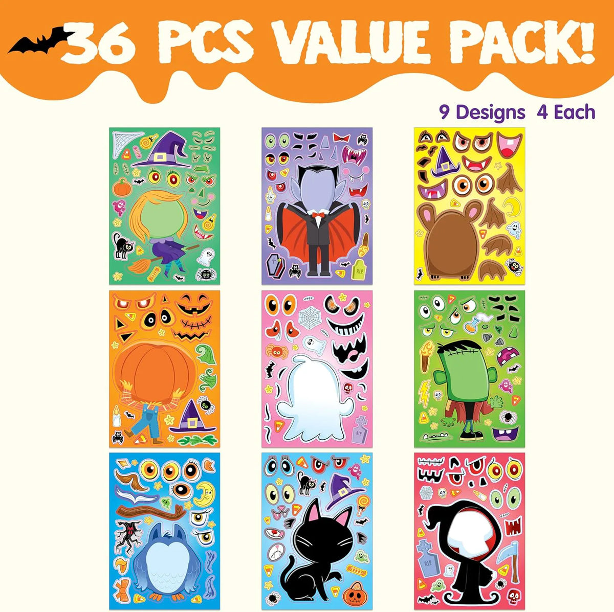 36 Halloween Make-a-Face Stickers for Kids