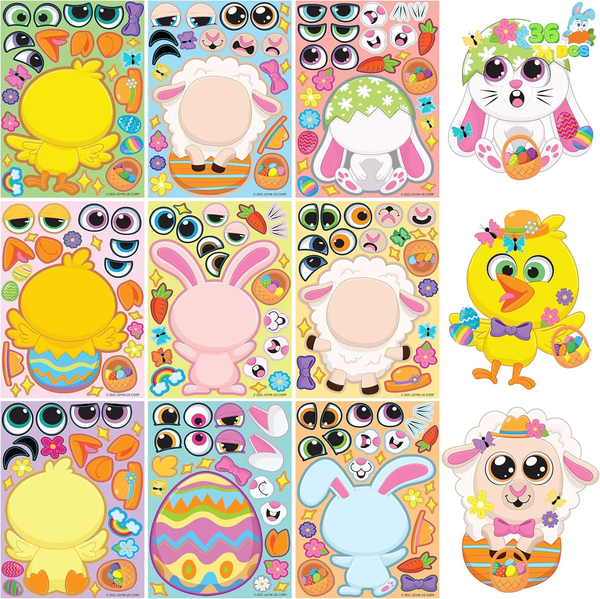 36 PCS Easter Make-a-Face Stickers with Chick, Bunny, Sheep, and Egg Patterns