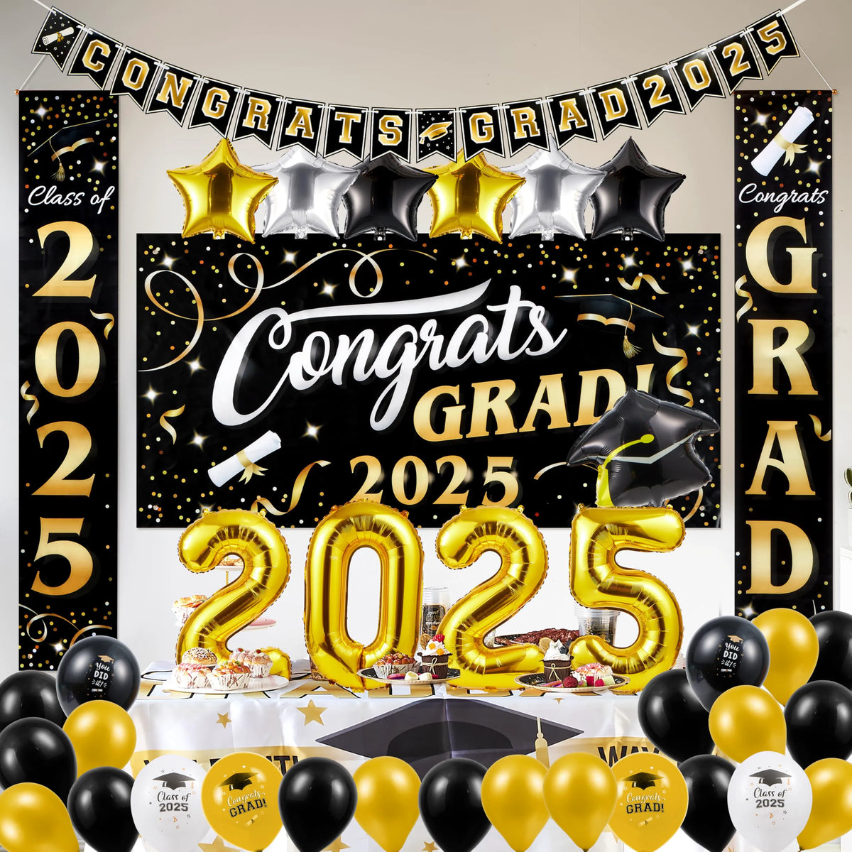 JOYIN Class of 2025 Graduation Party Decorations - Black & Gold Grad Celebration Supplies Set with Backdrop Banner, Porch Sign, Balloons, Foil Number 2025, Hanging Strip for High School College Grad