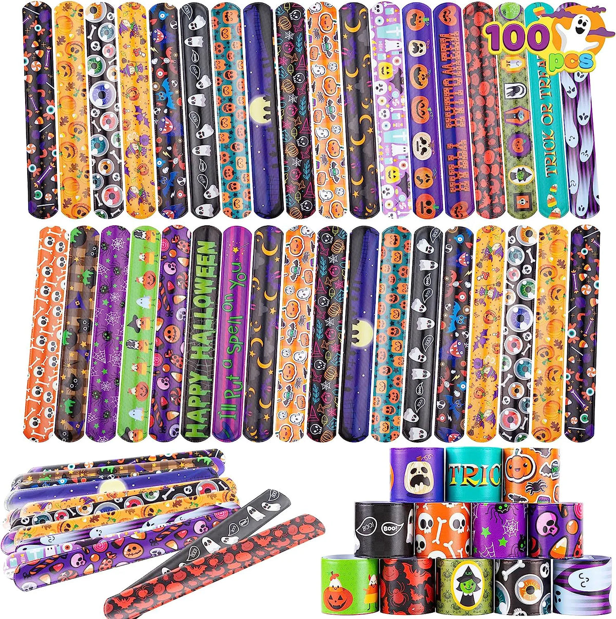 100-Pack Halloween Friendship Slap Bracelets for Kids