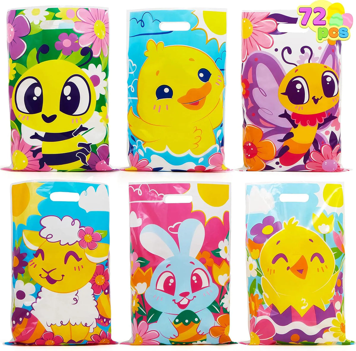 JOYIN 72 Pack Easter Plastic Gift Bags with Animal and Flower Designs - Easter Party Supplies for Kids