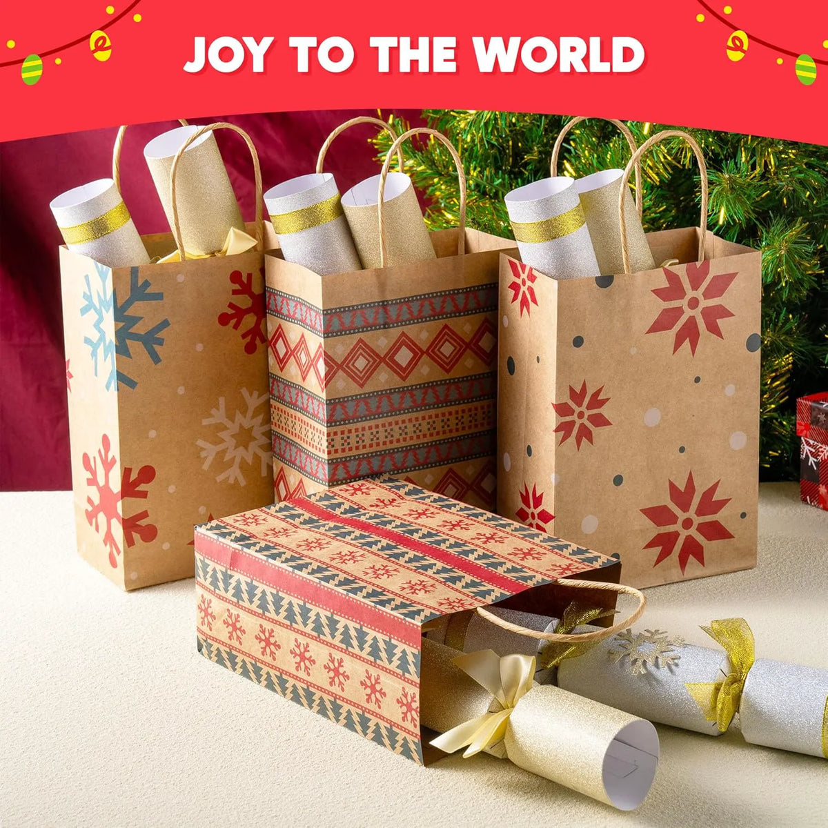 24 Pack Christmas Kraft Gift Bags with Durable Handles and Sturdy Bottoms