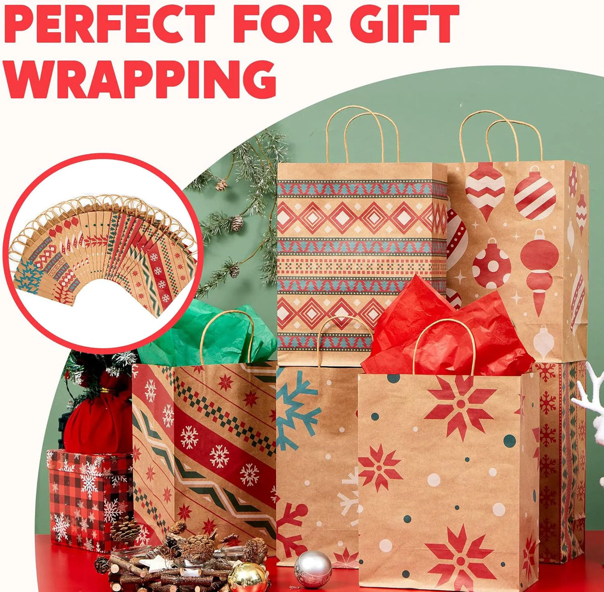 24 Pack Christmas Kraft Gift Bags with Handles for Holiday Presents