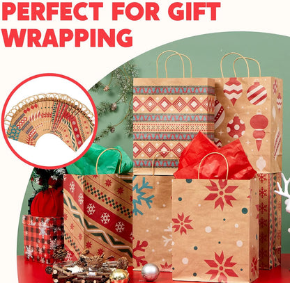 24 Pack Christmas Kraft Gift Bags with Handles for Holiday Presents