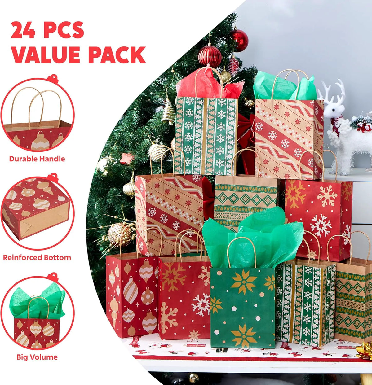 24 Pack Christmas Kraft Paper Gift Bags with Handles for Holiday Wrapping and Party Favors